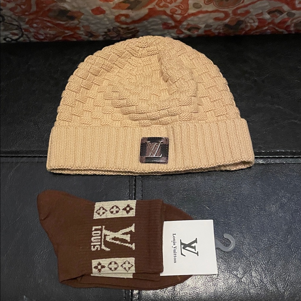 Cream Knit Fashion Beanie and Brown Monogram Socks . No returns closet clear.